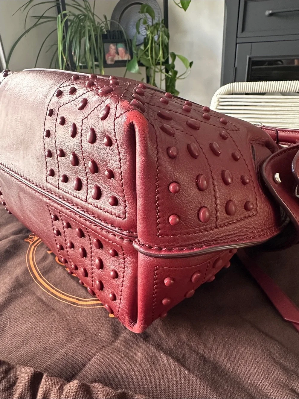 Tod's Deep Red Leather Satchel with Studded Trim